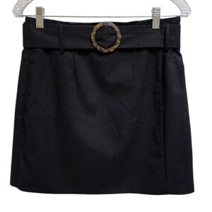 Sugar+Lips Skirt Womens M Black Linen Blend Faux Wrap Belt Side Zip Lined Mini